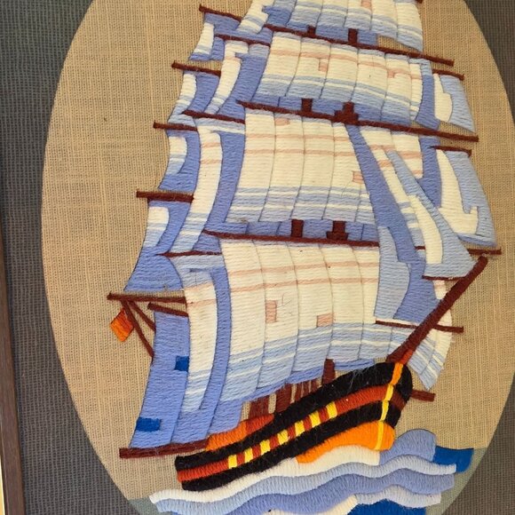 Vintage Framed Ship Yarn Art Wall Hanging 17"x13" Nautical Decor Handmade Embroi - Picture 2 of 6